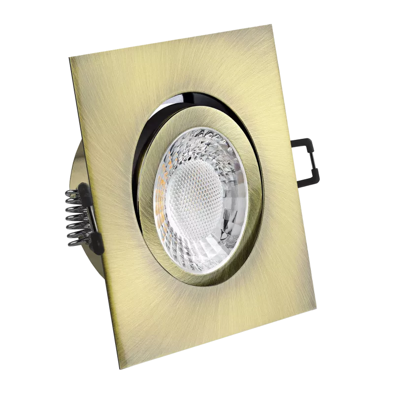 LED Einbaustrahler Altmessing gebürstet | quadratisch | 30° schwenkbar | Lochmaß Ø 68mm - 80mm | Einbautiefe 64mm | Anschlussfertig mit GU10 230V Fassung 