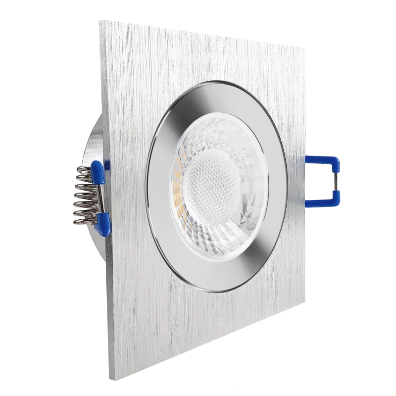 LED Einbaustrahler Feuchtraum IP44 Aluminium geschliffen | quadratisch Echtglas | Lochmaß Ø 60mm - 85mm | Einbautiefe 64mm | Anschlussfertig mit GU10 230V Fassung 