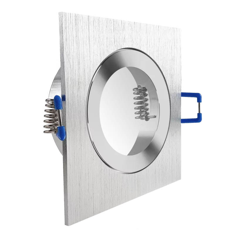 LED Einbaustrahler Feuchtraum IP44 Aluminium geschliffen | quadratisch Echtglas | Lochmaß Ø 60mm - 85mm | Einbautiefe 64mm | Anschlussfertig mit GU10 230V Fassung 