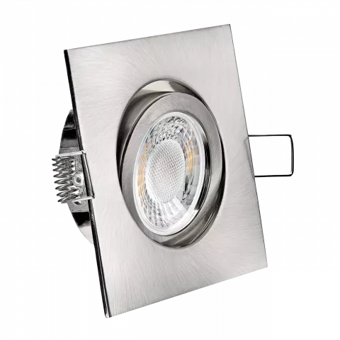 LED Einbaustrahler Edelstahl gebürstet | quadratisch | 30° schwenkbar | Lochmaß Ø 68mm - 80mm | Einbautiefe 64mm | Anschlussfertig mit GU10 230V Fassung  Spiegelung