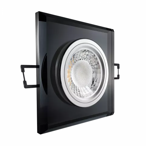 LED Einbaustrahler schwarz spiegelnd | quadratisch Echtglas | Lochmaß Ø 68mm - 80mm | Einbautiefe 64mm | Anschlussfertig mit GU10 230V Fassung  Spiegelung