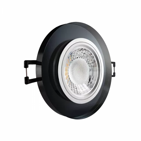 LED Einbaustrahler schwarz spiegelnd | rund Echtglas | Lochmaß Ø 68mm - 75mm | Einbautiefe 64mm | Anschlussfertig mit GU10 230V Fassung  Spiegelung