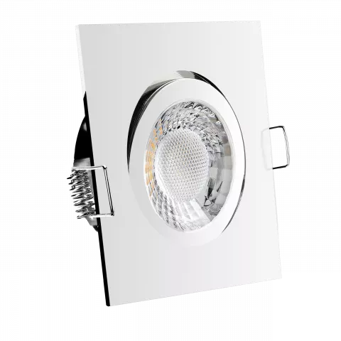 LED Einbaustrahler Chrom glänzend | quadratisch | 30° schwenkbar | Lochmaß Ø 68mm - 80mm | Einbautiefe 64mm | Anschlussfertig mit GU10 230V Fassung  Spiegelung