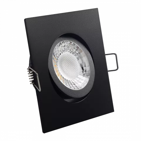 LED Einbaustrahler schwarz pulverbeschichtet | quadratisch | 30° schwenkbar | Lochmaß Ø 68mm - 80mm | Einbautiefe 64mm | Anschlussfertig mit GU10 230V Fassung  Spiegelung