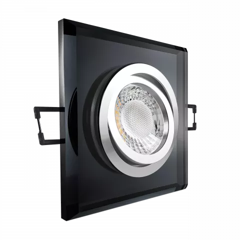 LED Einbaustrahler schwarz spiegelnd | quadratisch Echtglas | 30° schwenkbar | Lochmaß Ø 68mm - 80mm | Einbautiefe 64mm | Anschlussfertig mit GU10 230V Fassung  Spiegelung