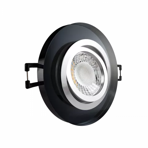 LED Einbaustrahler schwarz spiegelnd | rund Echtglas | 360° schwenkbar | Lochmaß Ø 68mm - 75mm | Einbautiefe 64mm | Anschlussfertig mit GU10 230V Fassung  Spiegelung