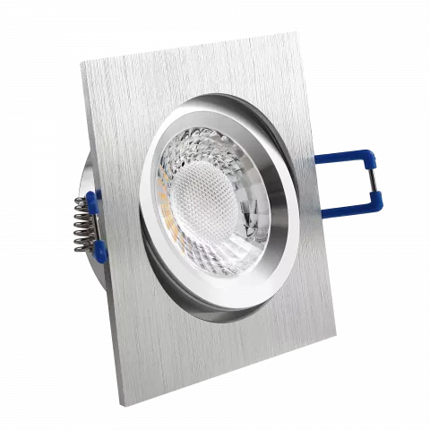 LED Einbaustrahler Aluminium geschliffen | quadratisch | 30° schwenkbar | Lochmaß Ø 68mm - 75mm | Einbautiefe 64mm | Anschlussfertig mit GU10 230V Fassung  Spiegelung