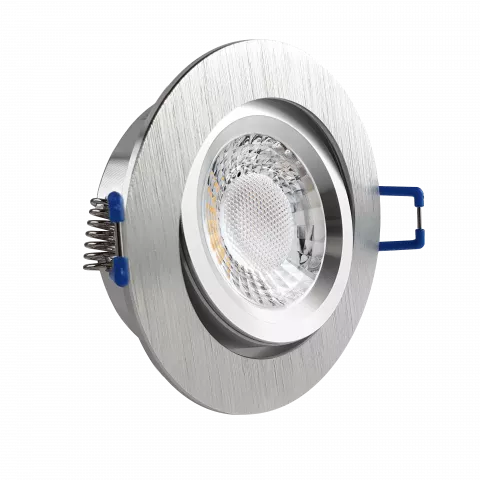 LED Einbaustrahler Aluminium geschliffen | rund | 360° schwenkbar | Lochmaß Ø 68mm - 75mm | Einbautiefe 64mm | Anschlussfertig mit GU10 230V Fassung  Spiegelung