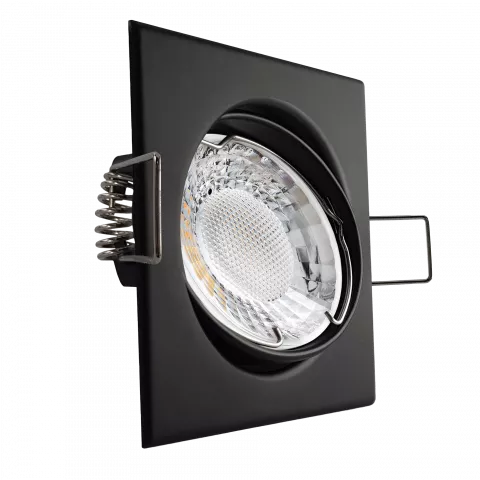 LED Einbaustrahler schwarz | quadratisch | 30° schwenkbar | Lochmaß Ø 68mm - 78mm | Einbautiefe 64mm | Anschlussfertig mit GU10 230V Fassung  Spiegelung