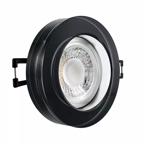 LED Aufbau Einbaustrahler schwarz spiegelnd | rund Echtglas | Lochmaß Ø 68mm - 75mm | Einbautiefe 64mm | GU10 230V  Spiegelung