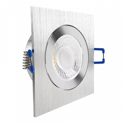 LED Einbaustrahler Feuchtraum IP44 Aluminium geschliffen | quadratisch Echtglas | Lochmaß Ø 60mm - 85mm | Einbautiefe 64mm | Anschlussfertig mit GU10 230V Fassung  Spiegelung