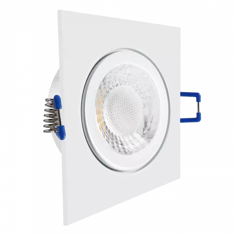 LED Einbaustrahler Feuchtraum IP44 weiß | quadratisch Echtglas | Lochmaß Ø 60mm - 85mm | Einbautiefe 64mm | Anschlussfertig mit GU10 230V Fassung  Spiegelung