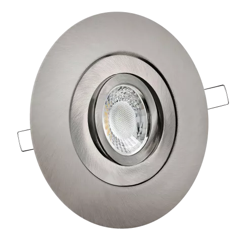 LED Einbaustrahler mit Blende großer Einbaudurchmesser Edelstahl gebürstet | rund | schwenkbar | Lochmaß Ø 68mm - 135mm | Einbautiefe 64mm | GU10 230V  Spiegelung