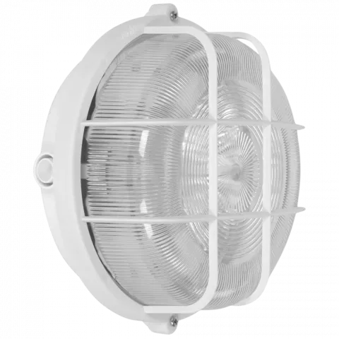 LED Kellerleuchte mit Strukturglas und Schutzkorb | Rundleuchte | weiß | Wandleuchte | Deckenleuchte | IP44 | E27 230V Spiegelung