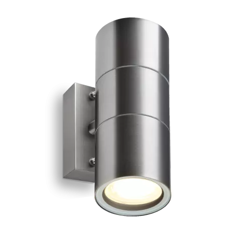 LED Wandleuchte Edelstahl gebürstet | Rund | Edelstahl Echtglas | 2-flammig | mit Schrauben & Dübeln | IP44 | GU10 230V  Spiegelung