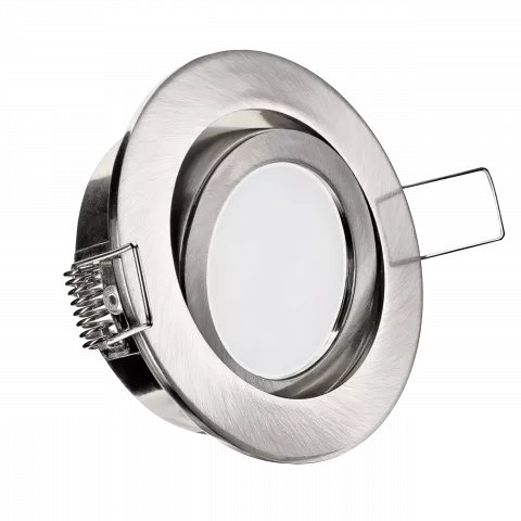 LED Einbaustrahler Edelstahl gebürstet | rund | 360° schwenkbar | Lochmaß Ø 68mm - 75mm | Einbautiefe 55mm | Anschlussfertig mit MR16 12V Fassung  Spiegelung