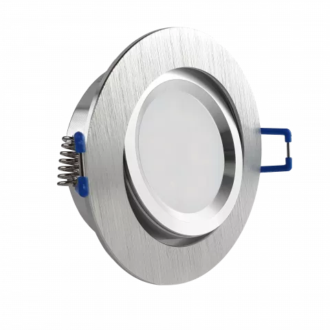 LED Einbaustrahler Aluminium geschliffen | rund | 360° schwenkbar | Lochmaß Ø 68mm - 75mm | Einbautiefe 55mm | Anschlussfertig mit MR16 12V Fassung  Spiegelung