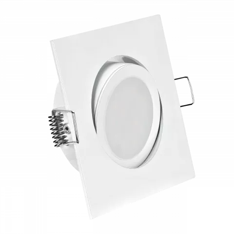 LED Einbaustrahler weiß | quadratisch | 30° schwenkbar | Lochmaß Ø 68mm - 80mm | Einbautiefe 55mm | Anschlussfertig mit MR16 12V Fassung  Spiegelung