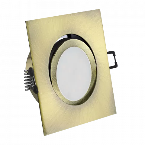 LED Einbaustrahler Altmessing gebürstet | quadratisch | 30° schwenkbar | Lochmaß Ø 68mm - 80mm | Einbautiefe 55mm | Anschlussfertig mit MR16 12V Fassung  Spiegelung