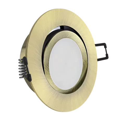 LED Einbaustrahler Altmessing gebürstet | rund | 360° schwenkbar | Lochmaß Ø 68mm - 75mm | Einbautiefe 55mm | Anschlussfertig mit MR16 12V Fassung  Spiegelung