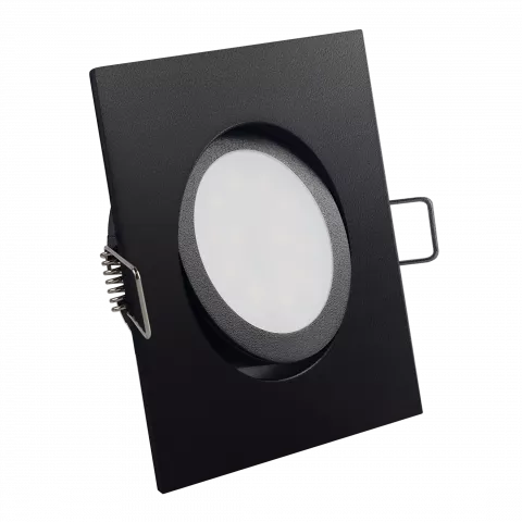 LED Einbaustrahler schwarz pulverbeschichtet | quadratisch | 30° schwenkbar | Lochmaß Ø 68mm - 80mm | Einbautiefe 55mm | Anschlussfertig mit MR16 12V Fassung  Spiegelung