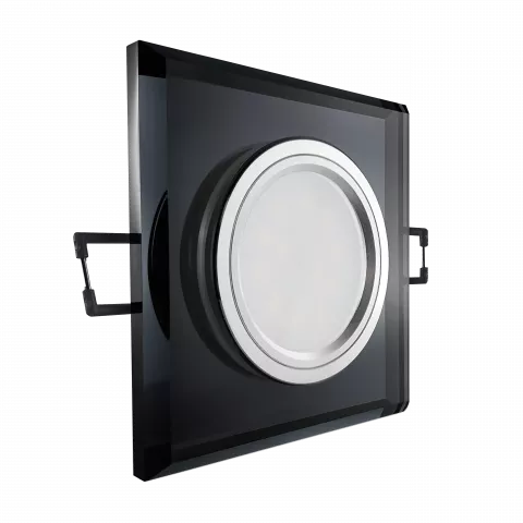 LED Einbaustrahler schwarz spiegelnd | quadratisch Echtglas | Lochmaß Ø 68mm - 80mm | Einbautiefe 55mm | Anschlussfertig mit MR16 12V Fassung  Spiegelung