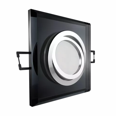 LED Einbaustrahler schwarz spiegelnd | quadratisch Echtglas | 30° schwenkbar | Lochmaß Ø 68mm - 80mm | Einbautiefe 55mm | Anschlussfertig mit MR16 12V Fassung  Spiegelung