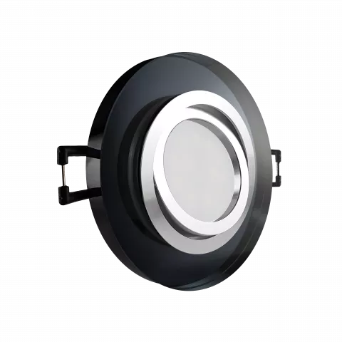 LED Einbaustrahler schwarz spiegelnd | rund Echtglas | 360° schwenkbar | Lochmaß Ø 68mm - 75mm | Einbautiefe 55mm | Anschlussfertig mit MR16 12V Fassung  Spiegelung