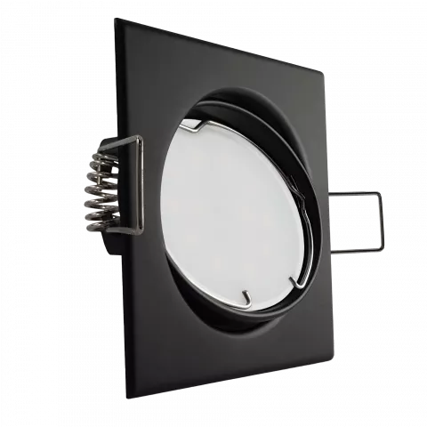 LED Einbaustrahler schwarz | quadratisch | 30° schwenkbar | Lochmaß Ø 68mm - 78mm | Einbautiefe 55mm | Anschlussfertig mit MR16 12V Fassung  Spiegelung