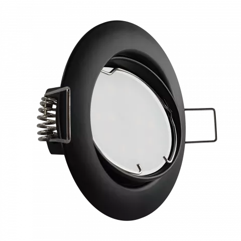 LED Einbaustrahler schwarz | rund | 360° schwenkbar | Lochmaß Ø 75mm - 78mm | Einbautiefe 55mm | Anschlussfertig mit MR16 12V Fassung  Spiegelung