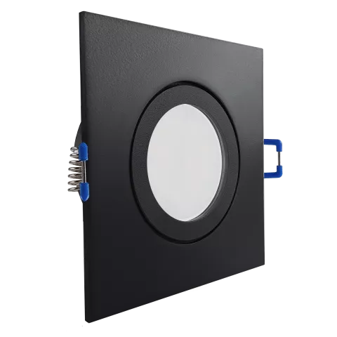 LED Einbaustrahler Feuchtraum IP44 schwarz pulverbeschichtet | quadratisch Echtglas | Lochmaß Ø 60mm - 85mm | Einbautiefe 55mm | Anschlussfertig mit MR16 12V Fassung  Spiegelung