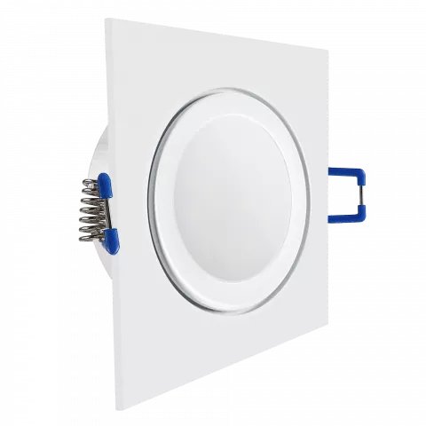 LED Einbaustrahler Feuchtraum IP44 weiß | quadratisch Echtglas | Lochmaß Ø 60mm - 85mm | Einbautiefe 55mm | Anschlussfertig mit MR16 12V Fassung  Spiegelung