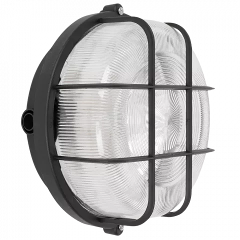 LED Kellerleuchte mit Strukturglas und Schutzkorb | Rundleuchte | schwarz | Wandleuchte | Deckenleuchte | IP44 | E27 230V Spiegelung