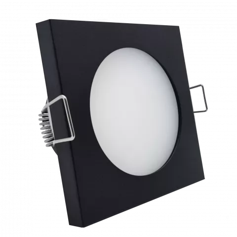 LED Einbaustrahler Feuchtraum IP44 schwarz pulverbeschichtet | quadratisch (satiniert) | Lochmaß Ø 60mm - 75mm | Einbautiefe 55mm | Anschlussfertig mit MR16 12V Fassung  Spiegelung