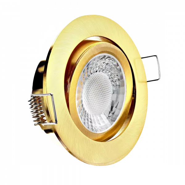 LED Einbaustrahler Gold-Messing gebürstet | rund | 360° schwenkbar | Lochmaß Ø 68mm - 75mm | Einbautiefe 64mm | Anschlussfertig mit GU10 230V Fassung  Spiegelung