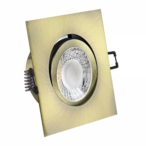 LED Einbaustrahler Altmessing gebürstet | quadratisch | 30° schwenkbar | Lochmaß Ø 68mm - 80mm | Einbautiefe 64mm | Anschlussfertig mit GU10 230V Fassung  Spiegelung