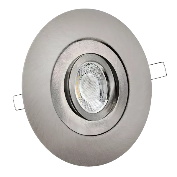 LED Einbaustrahler mit Blende großer Einbaudurchmesser Edelstahl gebürstet | rund | schwenkbar | Lochmaß Ø 68mm - 135mm | Einbautiefe 64mm | GU10 230V  Spiegelung