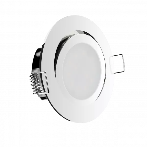 LED Einbaustrahler Chrom glänzend | rund | 360° schwenkbar | Lochmaß Ø 68mm - 75mm | Einbautiefe 55mm | Anschlussfertig mit MR16 12V Fassung  Spiegelung