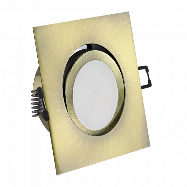 LED Einbaustrahler Altmessing gebürstet | quadratisch | 30° schwenkbar | Lochmaß Ø 68mm - 80mm | Einbautiefe 55mm | Anschlussfertig mit MR16 12V Fassung  Spiegelung