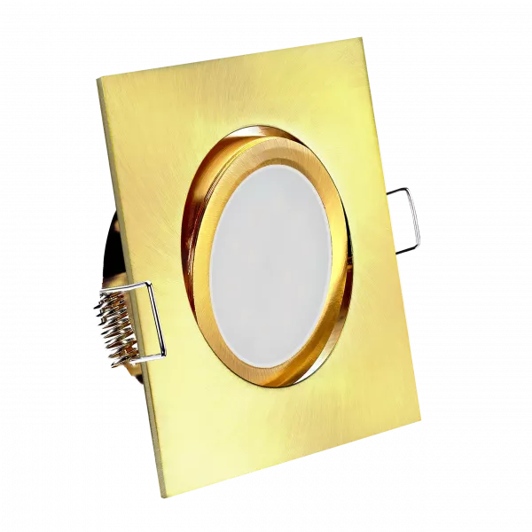 LED Einbaustrahler Gold-Messing gebürstet | quadratisch | 30° schwenkbar | Lochmaß Ø 68mm - 80mm | Einbautiefe 55mm | Anschlussfertig mit MR16 12V Fassung  Spiegelung