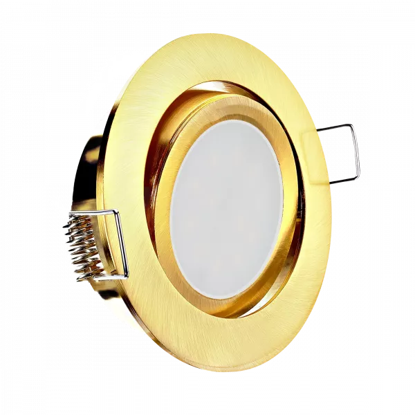 LED Einbaustrahler Gold-Messing gebürstet | rund | 360° schwenkbar | Lochmaß Ø 68mm - 75mm | Einbautiefe 55mm | Anschlussfertig mit MR16 12V Fassung  Spiegelung