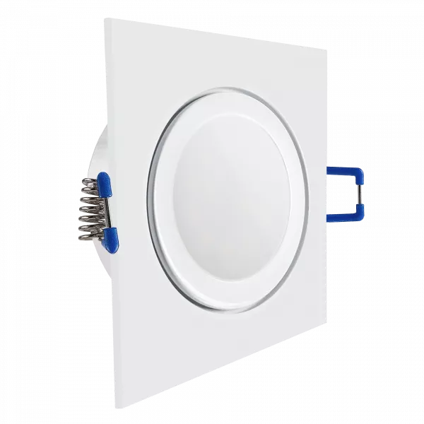 LED Einbaustrahler Feuchtraum IP44 weiß | quadratisch Echtglas | Lochmaß Ø 60mm - 85mm | Einbautiefe 55mm | Anschlussfertig mit MR16 12V Fassung  Spiegelung